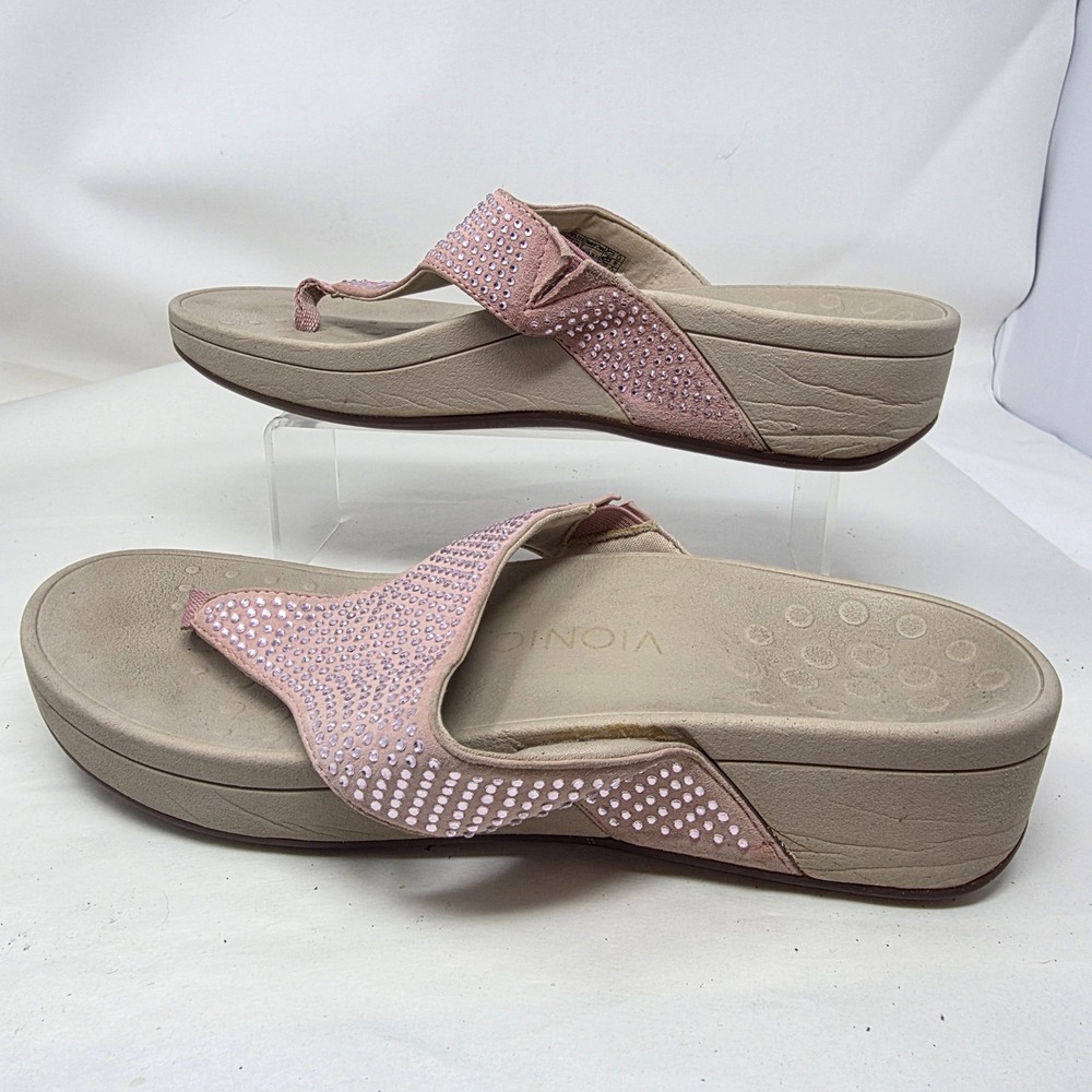 Vionic Rhinestone Wedge Sandals Women 11 Pink Suede Orthotic Platform Flip Flops